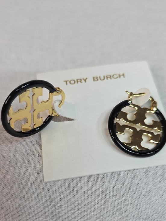 Tory Burch Black and Gold Logo Hoop Earrings - Picture 3 of 4